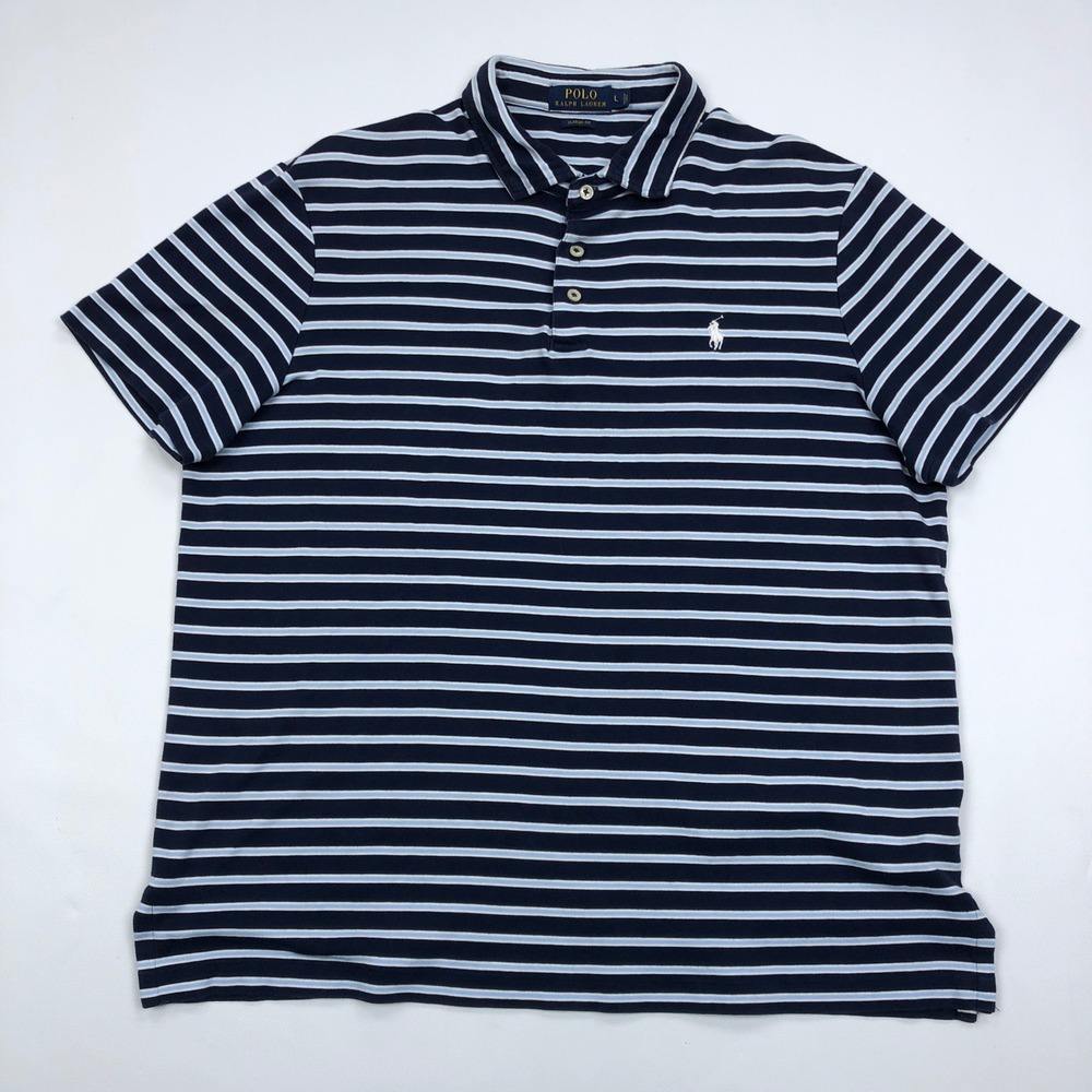 Polo Ralph Lauren Mens Large Navy Blue Striped Classic Fit Cotton Polo Shirt